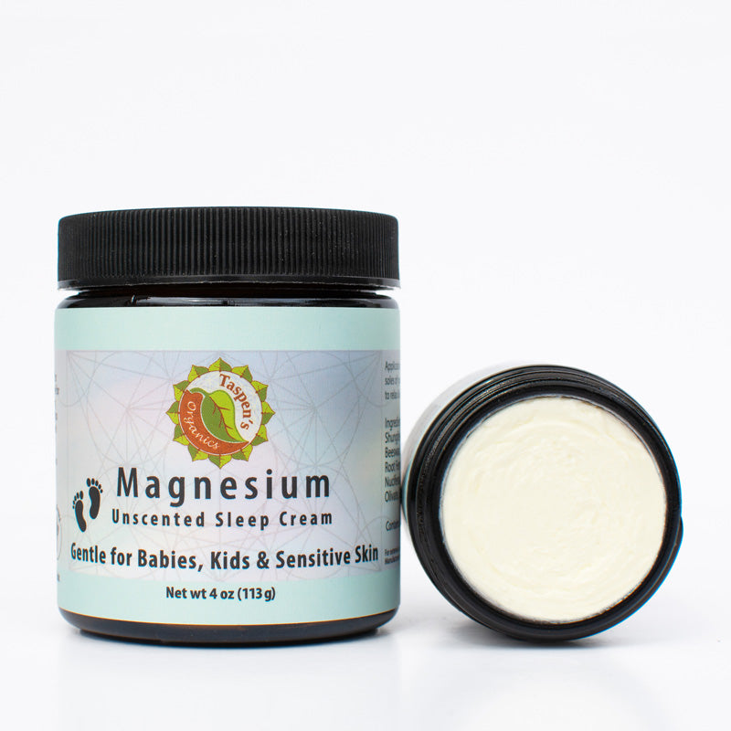 Open jar of Magnesium Unscented Sleep Cream on a white background - gentle for babies, kids & sensitive skin