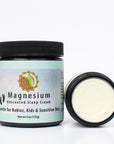 Open jar of Magnesium Unscented Sleep Cream on a white background - gentle for babies, kids & sensitive skin