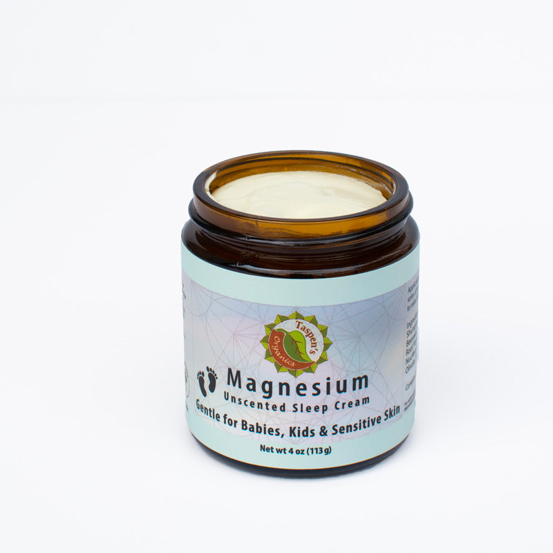 Open 4oz jar of Magnesium Unscented Sleep Cream on a white background - gentle for babies, kids & sensitive skin