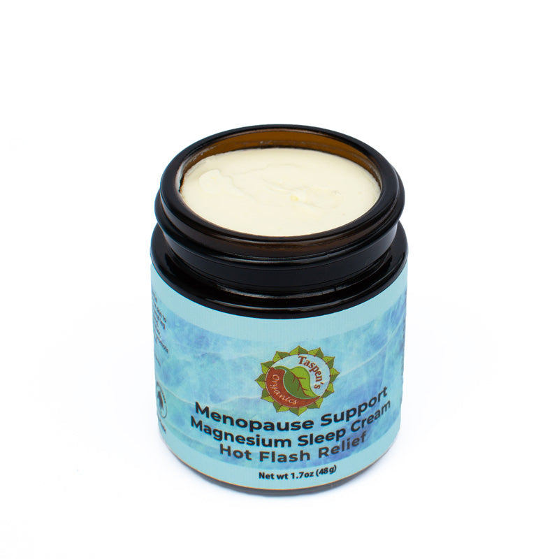 Open 1.7oz jar of Taspen's Menopause Support Magnesium Sleep Cream Hot Flash Relief on a white background