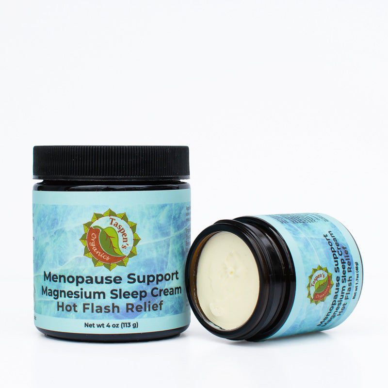 Open jar of Taspen's Menopause Support Magnesium Sleep Cream Hot Flash Relief on a white background