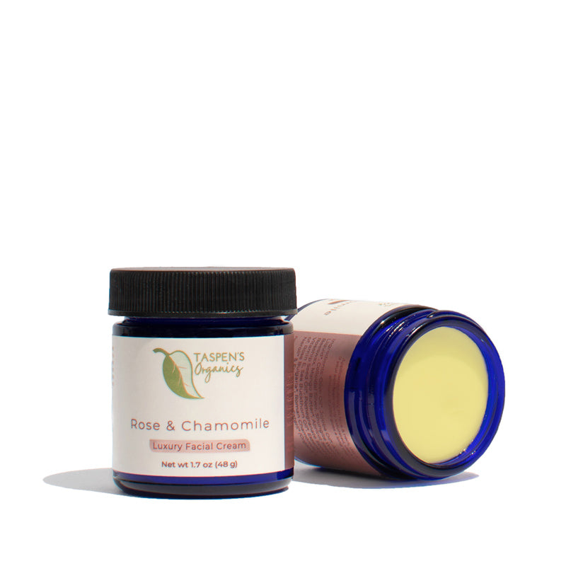 rose & chamomile luxury facial cream with smooth texture and golden color