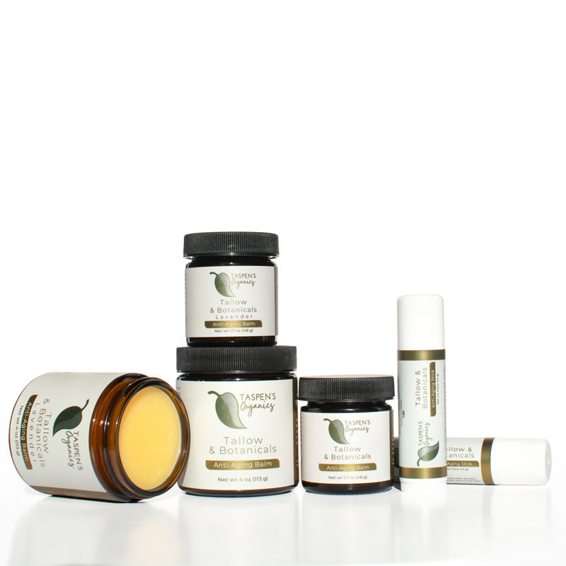 Collection of Taspen's Organics Tallow &amp; Botanicals Anti-Aging Balm products on a white background