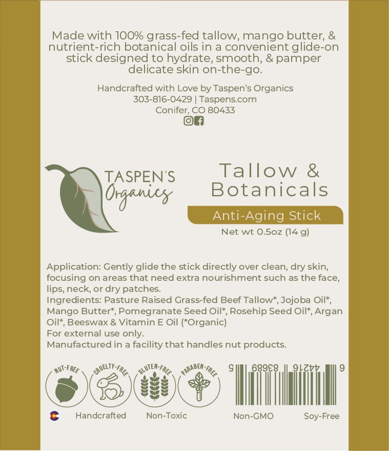 Label of Taspen's Organics Tallow &amp; Botanicals Anti-Aging Stick with product details and ingredients.