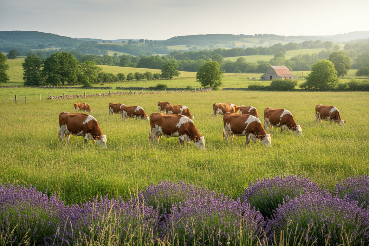grass fed cows in a field with a touch of lavender in the field on the perimeter